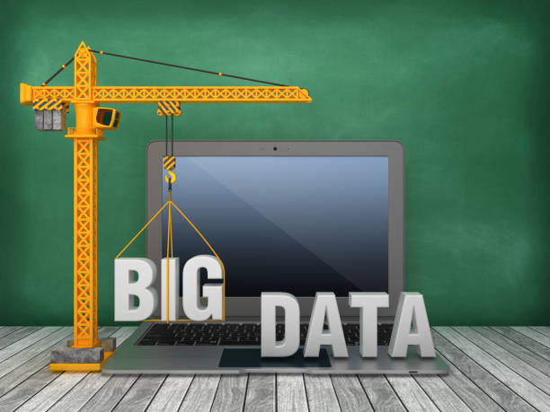istock Tower Crane and Laptop with BIG DATA Word on Chalkboard Background - 3D Rendering 1168266630
