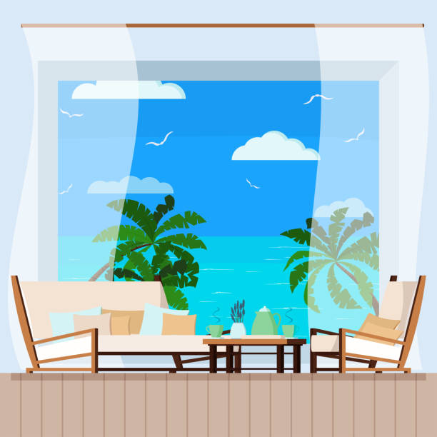 Wooden table, cups of tea or coffee, curtain and soft sofa and armchairs on the balcony with seascape. Wooden table, cups of tea or coffee, curtain and soft sofa and armchairs on the balcony with seascape. Beach cafe interior. View of sea from hotel or restaurant. Flat style vector illustration. indoors bar restaurant sofa stock illustrations