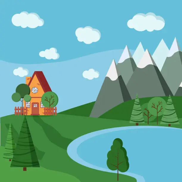 Vector illustration of Summer or spring lake landscape with cartoon country house with fences, green trees, spruce, clouds, road, mountains