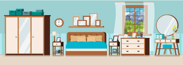 gemütliche schlafzimmer innenhintergrund mit möbeln und fenster - bedroom stage stock-grafiken, -clipart, -cartoons und -symbole