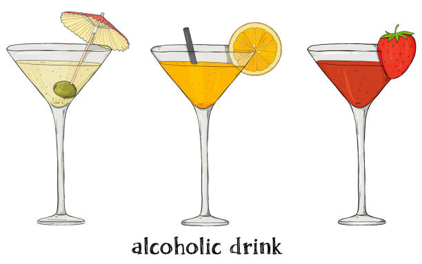 ilustraciones, imágenes clip art, dibujos animados e iconos de stock de conjunto de tres cócteles. ilustración vectorial colorida en estilo de boceto. - drink umbrella cocktail glass isolated