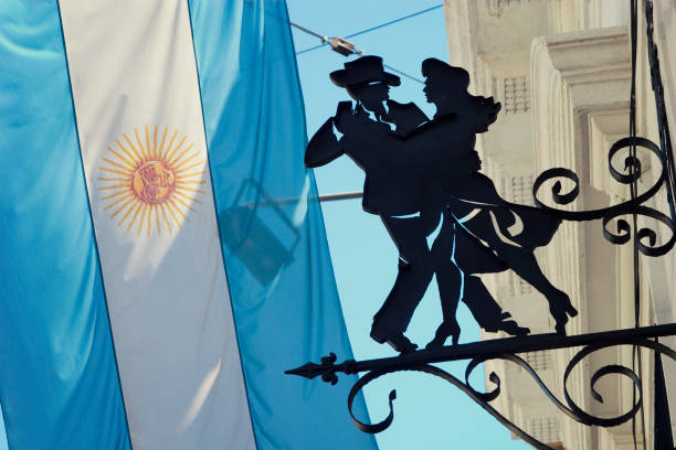 Famous place in Buenos Aires Argentina, La Boca, Caminito with flag and tango symbol stock photo