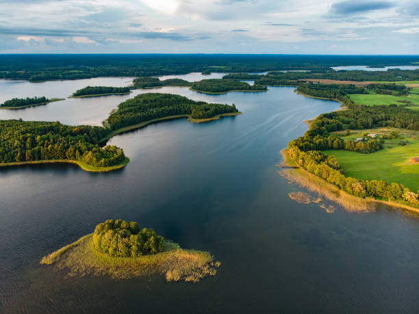 Beautiful aerial view of Moletai region, famous or its lakes. Scenic summer evening landscape in Lithuania. stock photo