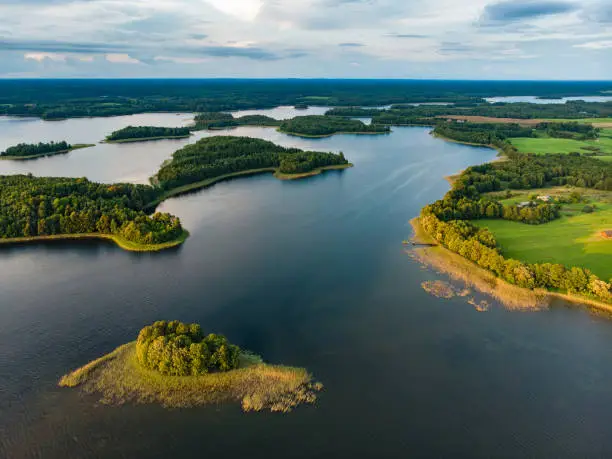 Beautiful aerial view of Moletai region, famous or its lakes. Scenic summer evening landscape, Moletai, Lithuania.