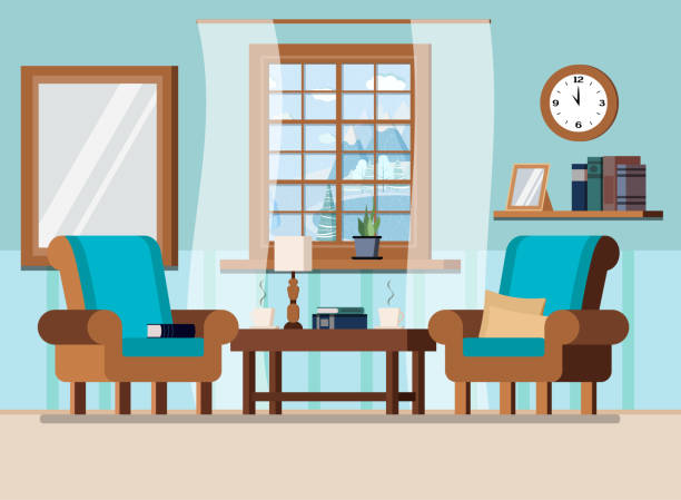 Cozy home living room interior background scene with window with winter landscape in cartoon flat style. Cozy home living room interior background scene with coffee table, plant, lamp, two armchairs, pillows,wall clock, books, cups, window with winter landscape in cartoon flat style. Vector illustration. table moutain stock illustrations