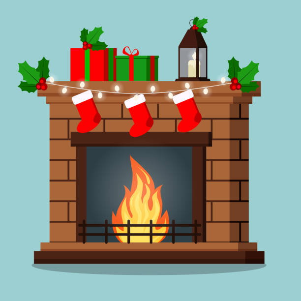 ilustrações de stock, clip art, desenhos animados e ícones de isolated fireplace decorated christmas gifts, mistletoe, garland, socks. - fire place