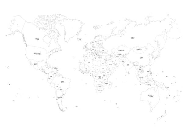 世界のベクトル政治地図。国名ラベル付きの白い背景の黒いアウトライン - ラベルを付ける点のイラスト素材／クリップアート素材／マンガ素材／アイコン素材