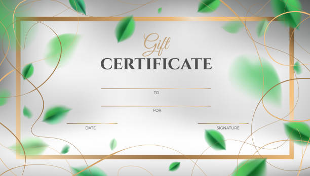 projekt szablonu bonu upominkowego z zielonymi liśćmi sprężyn i ozdobną dekoracją - health spa gift backgrounds greeting card stock illustrations