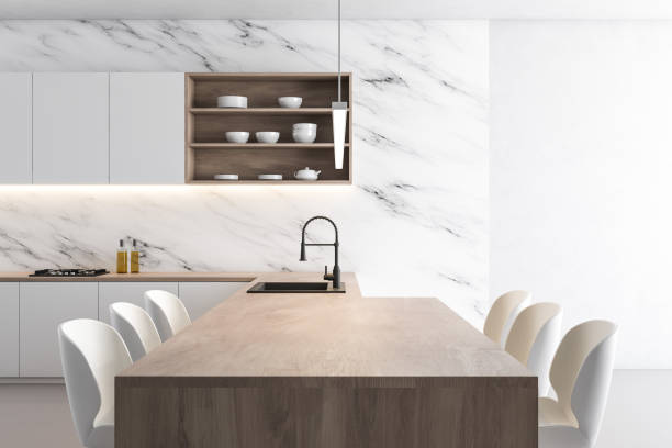 istock White marble kitchen with wooden island 1168280604