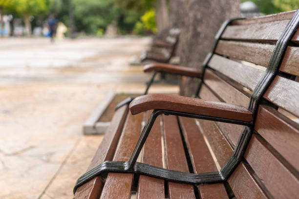 istock Brown wooden plank bench. varnished, with metal handles 1168281669