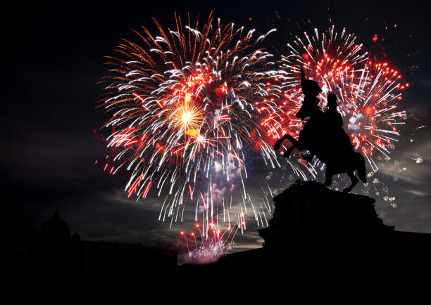 Equestrian statue of Archduke Karl, Heldenplatz- Heroes' Square with fireworks in the Background Equestrian statue of Archduke Karl, Heldenplatz- Heroes' Square with fireworks in the background heldenplatz stock pictures, royalty-free photos & images
