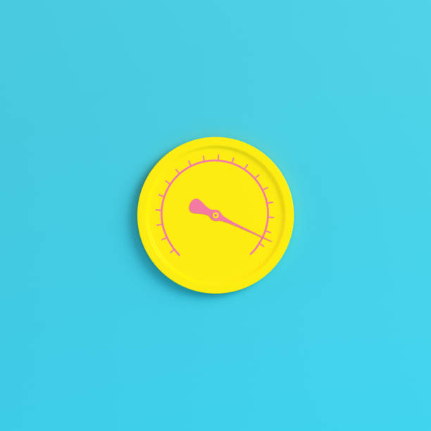 Yellow gauge on bright blue background in pastel colors. Minimalism concept. 3d render