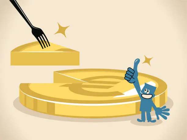 Vector illustration of Businessman is given a slice of money on a fork and euro sign coin pie (european union currency cake) with slice missing