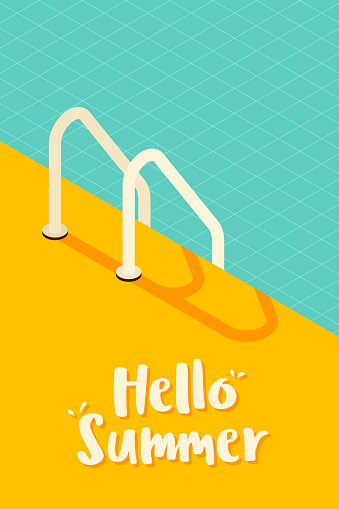Isometric swimming pool vintage retro style background. Summer poster template design. vector illustration