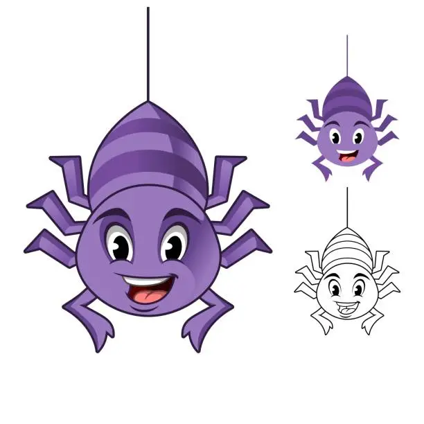 Vector illustration of Adorable Spider Hanging on The Cobweb Thread Cartoon Character Design