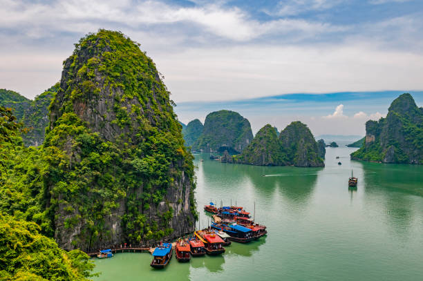 Halong Bay Landscape, Vietnam Aerial view of the majestic landscape with geologic karst rock formations in Halong Bay with cruise ships, North Vietnam, Asia. haiphong province photos stock pictures, royalty-free photos & images