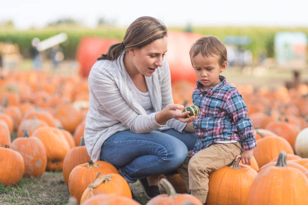 istock Mom and her little boy at the pumpkin patch 1168300736
