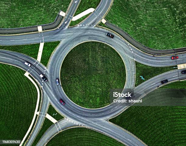 Traffic Roundabout Below Stock Photo - Download Image Now - Circle, Aerial View, Road