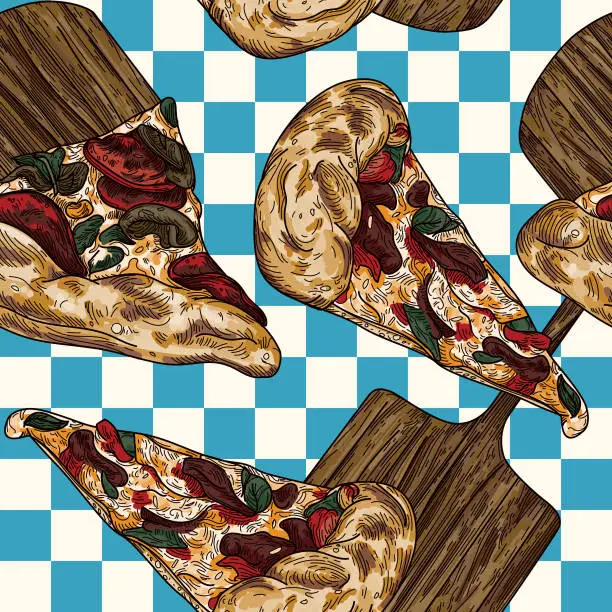 Vector illustration of Retro 80s 90s Pizza Slice Pattern on Checkered Background