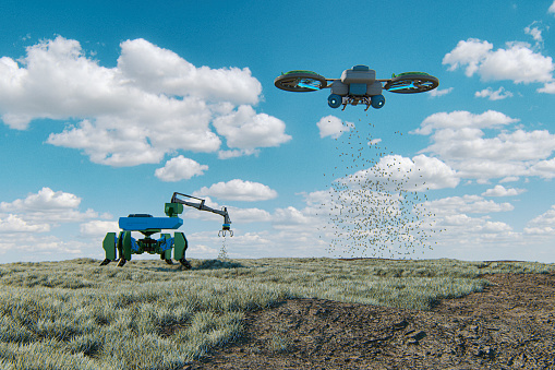 Futuristic agricultural machinery. This is 3D generated image. Drone is modelled without any reference to real models/brands.