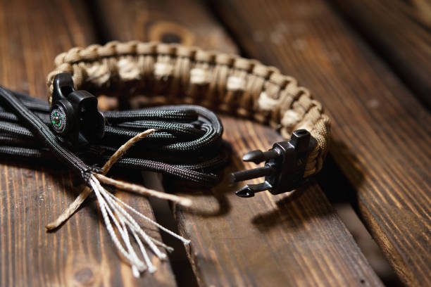 istock Bracelets made of rope braided (paracord) and carabiners with a compass 1168305736