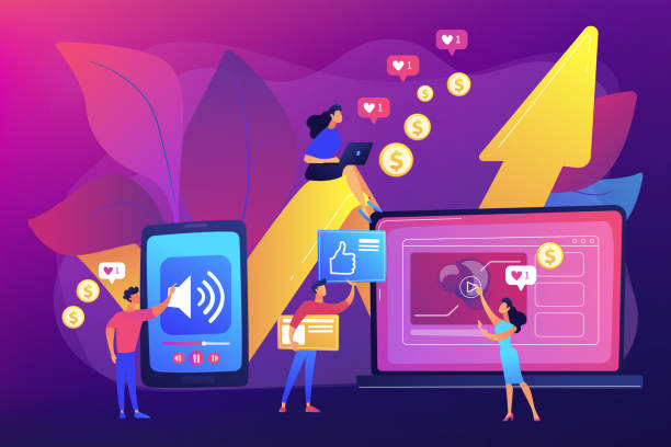 High ROI content concept vector illustration SMM, social media network influencer marketing. High ROI content, top media content production, measure your content investment concept. Bright vibrant violet vector isolated illustration content marketing campaigns stock illustrations