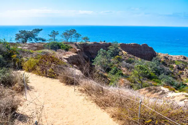 Dirt path through sandstone desert land on downhill mountain climb. Hike/ Hiking trail landscape in San Diego, California. Sunny summer day in La Jolla, Torrey Pines with view of cliffs and the Ocean.