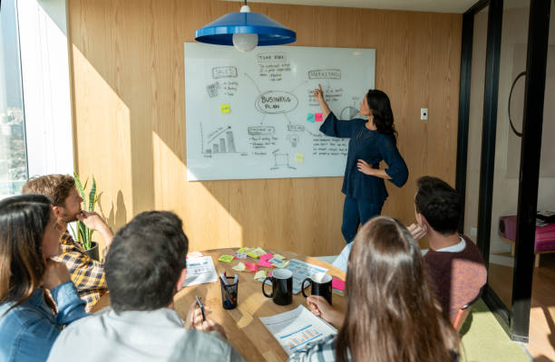 istock Confident female manager discussing the business plan with her team pointing at the white board 1168307554