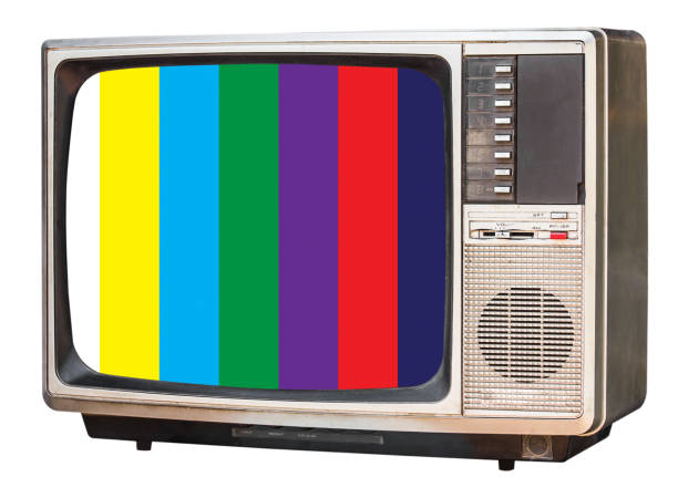 istock old retro color bronze  home TV receiver isolated on white background with test screen,side view old television with cut screen 1168310215