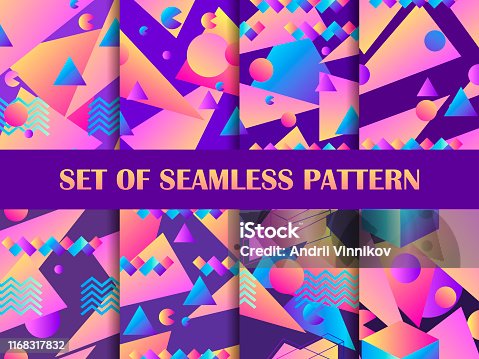 istock Geometric seamless pattern set with gradient shapes in the style of 80s, isometric. Vector illustration 1168317832