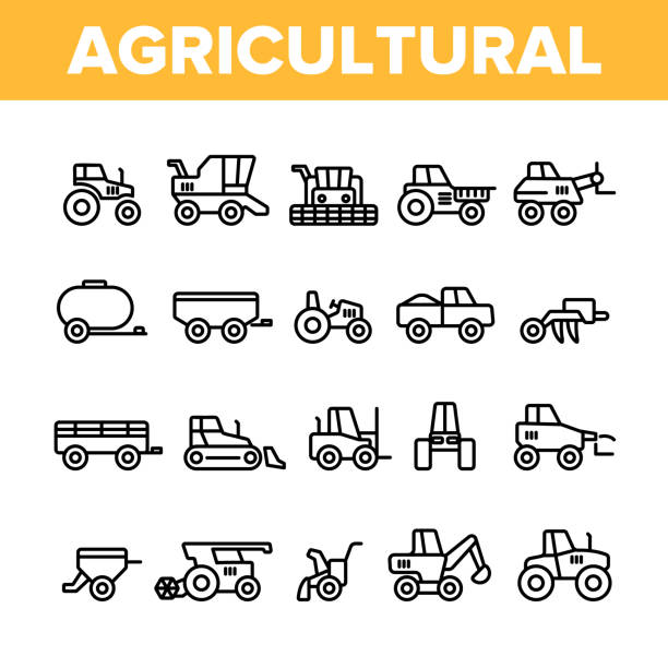 Agricultural Heavy Machinery Vector Linear Icons Set Agricultural Heavy Machinery Vector Linear Icons Set. Agriculture, Farming And Horticulture Equipment Outline Symbols Pack. Tractor With Plough, Combine Harvester Isolated Contour Illustrations agricultural machinery stock illustrations