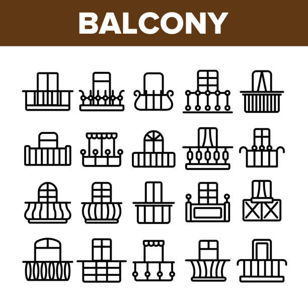 ilustrações, clipart, desenhos animados e ícones de o balcão da casa forma os ícones lineares do vetor ajustados - varanda
