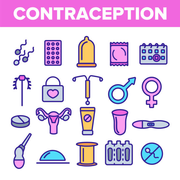 ilustraciones, imágenes clip art, dibujos animados e iconos de stock de iconos vectoriales lineales de anticoncepción establecen pictograma delgado - iucds