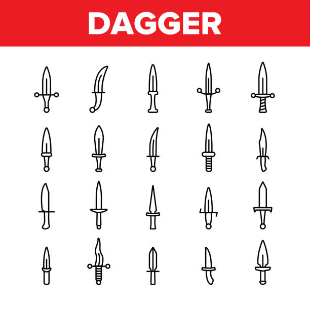 illustrazioni stock, clip art, cartoni animati e icone di tendenza di dagger, sharp weapon vector thin line icons set - blade