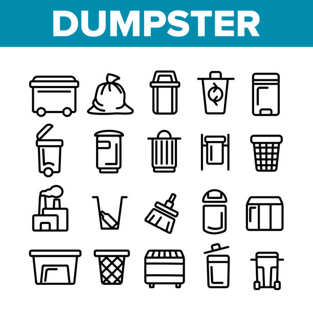 Dumpster, Garbage Container Thin Line Icons Set Dumpster, Garbage Container Thin Line Icons Set. Dumpster, Trash Collecting Equipment Linear Illustrations. Litter Recycling Factory. Plastic Dustbins, Metal Containers. Baskets for Waste Separating garbage bag stock illustrations