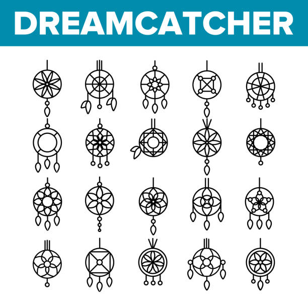 dreamcatcher, amulett vector dünne linie icons set - dreamcatcher stock-grafiken, -clipart, -cartoons und -symbole