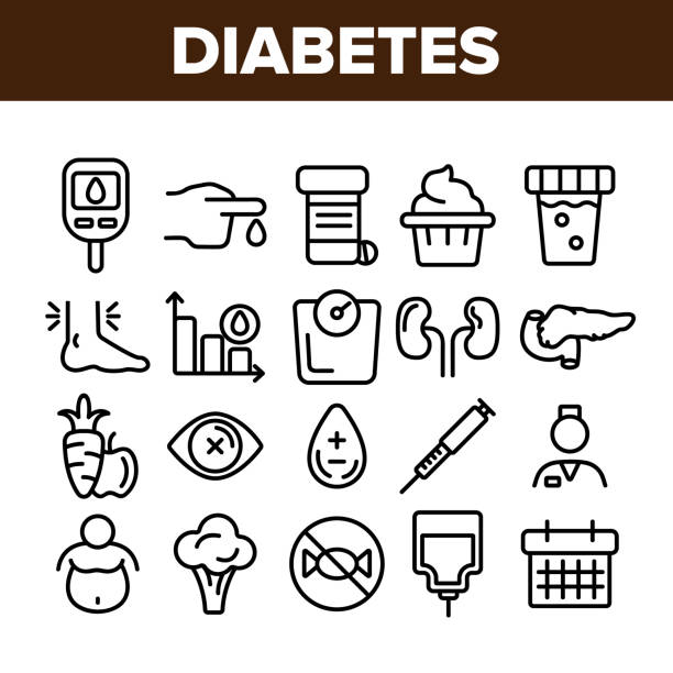 ilustrações, clipart, desenhos animados e ícones de diabetes, ícones lineares do vetor dos diagnósticos da doença ajustados - diabetes