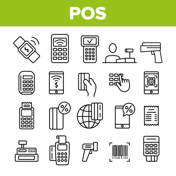 terminal pos, zestaw liniowych ikon wektorowych płatności mobilnych - atm stock illustrations