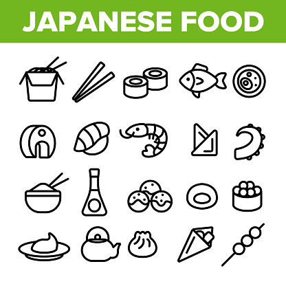 Japanese Food, Sushi Linear Vector Icons Set. Sushi Bar, Japanese Food Restaurant Thin Line Contour Symbols Pack. Asian Dishes. Nigiri, Nori, Udon, Sashimi and Miso. Seafood Outline Illustrations