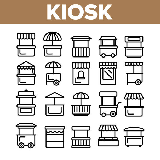Kiosk, Market Stalls Types Linear Vector Icons Set Kiosk, Market Stalls Types Linear Vector Icons Set. Kiosk Facade Shop, Store Symbols Pack. Exterior Pictograms Collection. Isolated Building Signs. Ice Cream, Street Food Truck Outline Illustrations kiosk stock illustrations