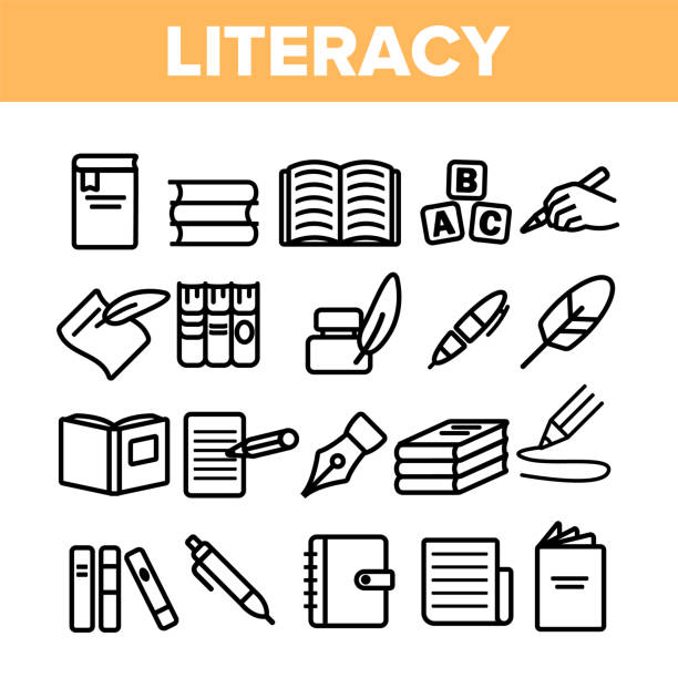 ilustrações, clipart, desenhos animados e ícones de os ícones finos do vetor linear da alfabetização ajustaram o pictograma - soletrar