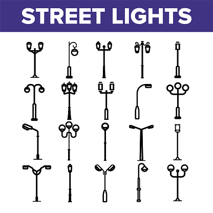 Street Lights Linear Vector Icons Set. Streetlights Thin Line Contour Symbols Pack. City Illumination Pictograms Collection. Old Fashioned Lantern, Lamp. Electricity Equipment Outline Illustrations