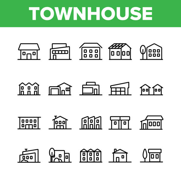 Townhouses, Residential Buildings Vector Linear Icons Set. Townhouse, Cottage And Villa Outline Symbols Pack. Countryside And Suburbs Area Property, Real Estate Isolated Contour Illustration