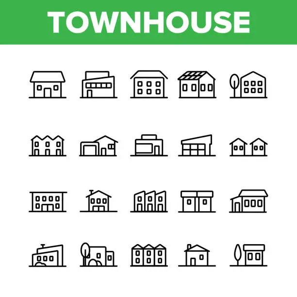 Vector illustration of Townhouses, Residential Buildings Vector Linear Icons Set