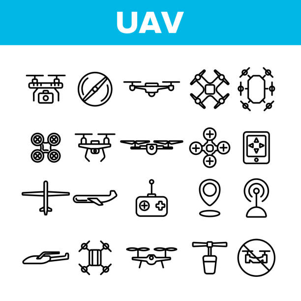 UAV, Remote Control Drones Vector Linear Icons Set UAV, Remote Control Drones Vector Linear Icons Set. UAV, Unmanned Aircraft System Outline Symbols Pack. High Tech, GPS Navigation. Modern Delivery Service Technology Isolated Contour Illustrations unmanned aerial vehicle stock illustrations