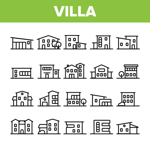 豪華なヴィラ、コテージリニアベクトルアイコンセット - apartment real estate house residential structure点のイラスト素材／クリップアート素材／マンガ素材／アイコン素材