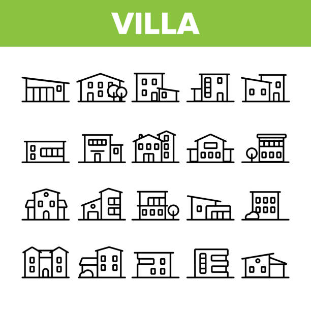 Luxurious Villa, Cottage Linear Vector Icons Set Luxurious Villa, Cottage Linear Vector Icons Set. Fashionable House, Villa Thin Line Contour Symbols Pack. Real Estate Business Pictograms Collection. Suburban Manor Exterior Outline Illustrations estate stock illustrations