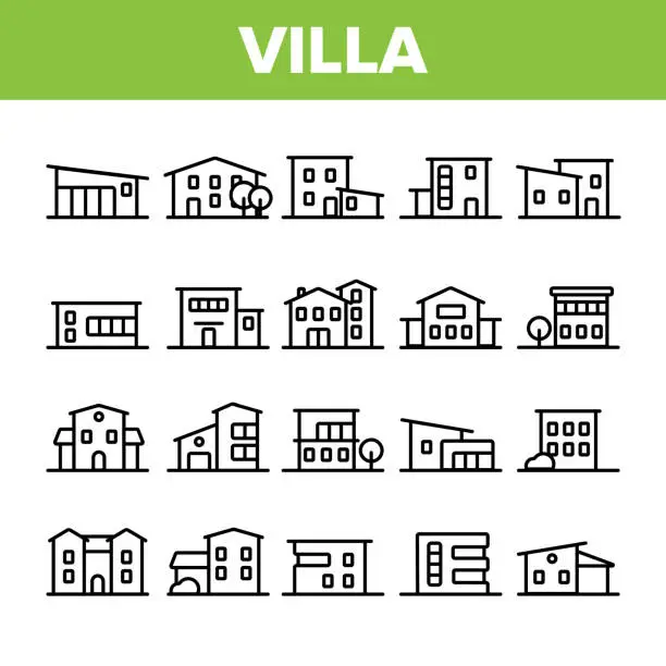 Vector illustration of Luxurious Villa, Cottage Linear Vector Icons Set