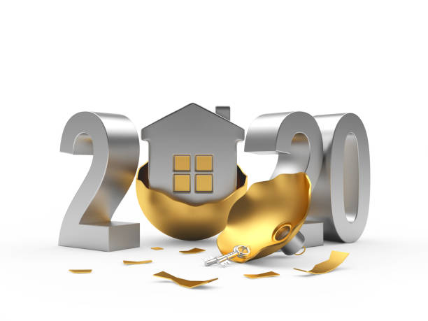 istock Silver 2020 New Year and broken Christmas ball with house icon 1168324855