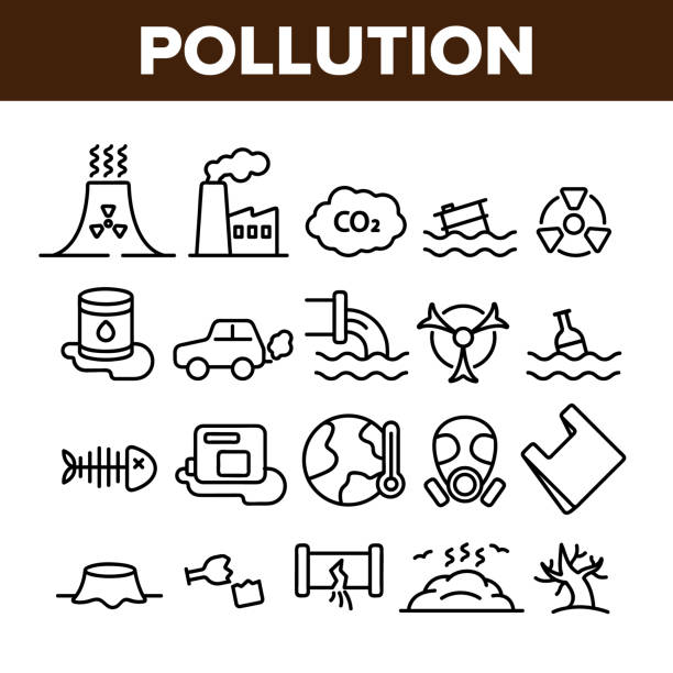 ilustrações, clipart, desenhos animados e ícones de poluição de ícones finos da linha do vetor do ambiente ajustados - pollution